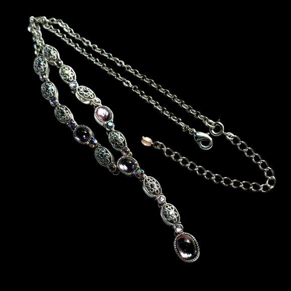 VTG Avon Silver Plate Filigree Cabochon AB Rhinstone Y Drop Lavaliere Necklace - Picture 11 of 16